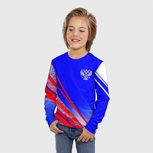 Детский лонгслив Герб России на фоне цветов флага государства / 3D-принт – фото 3
