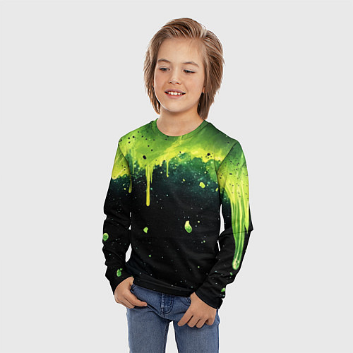 Детский лонгслив Зеленая стекающая краска по черному фону / 3D-принт – фото 3