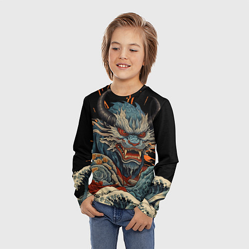Детский лонгслив Японский дракон и волны в стиле тату ирезуми / 3D-принт – фото 3