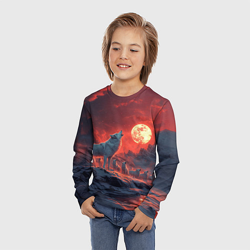 Детский лонгслив Белый волк воет на луну / 3D-принт – фото 3
