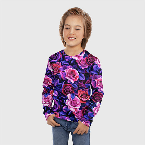 Детский лонгслив Разноцветные цветы - синие розы паттерн / 3D-принт – фото 3