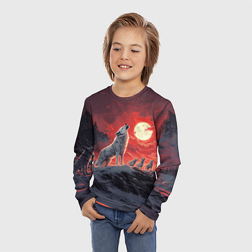 Детский лонгслив Волк воет на красную луну / 3D-принт – фото 3