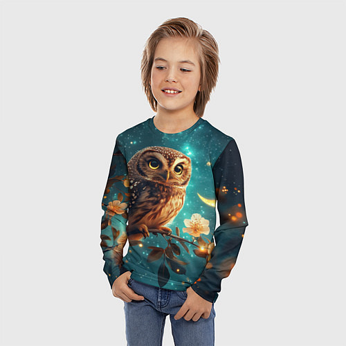 Детский лонгслив Сова на фоне ночного неба / 3D-принт – фото 3