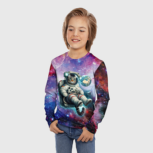 Детский лонгслив Brave cat in space - ai art / 3D-принт – фото 3