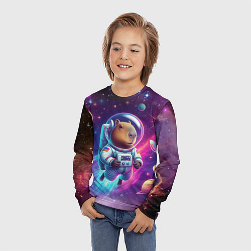 Детский лонгслив Космонавт капибара в неоновом космосе / 3D-принт – фото 3