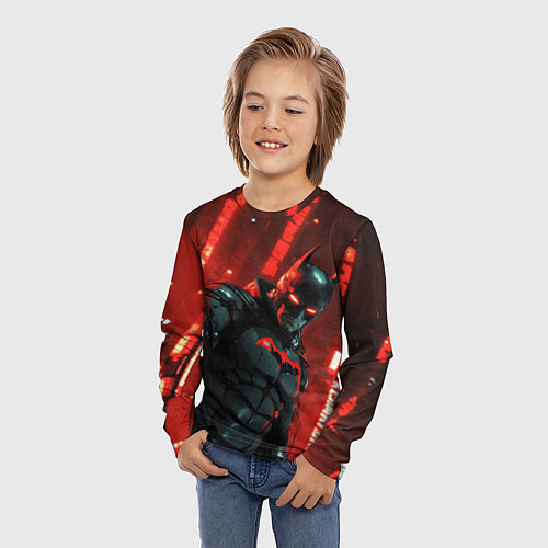 Детский лонгслив Черный Бэтмен на фоне красного города / 3D-принт – фото 3