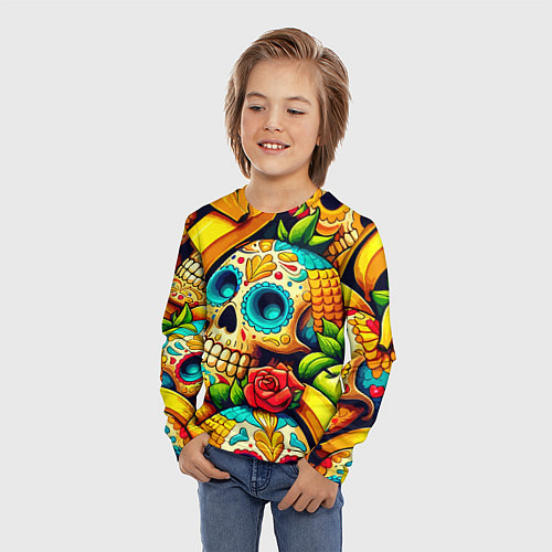 Детский лонгслив Colorfull skulls and bananas - pop art pattern / 3D-принт – фото 3