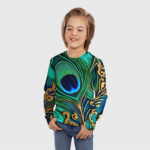 Детский лонгслив Зеленые перья павлина / 3D-принт – фото 3