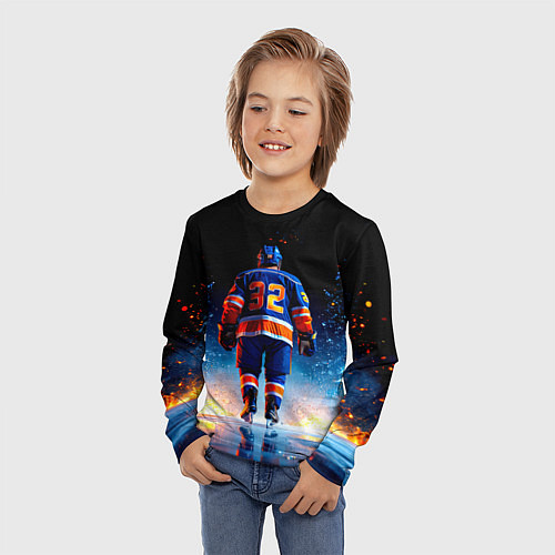 Детский лонгслив Хоккеист в синем пламени / 3D-принт – фото 3