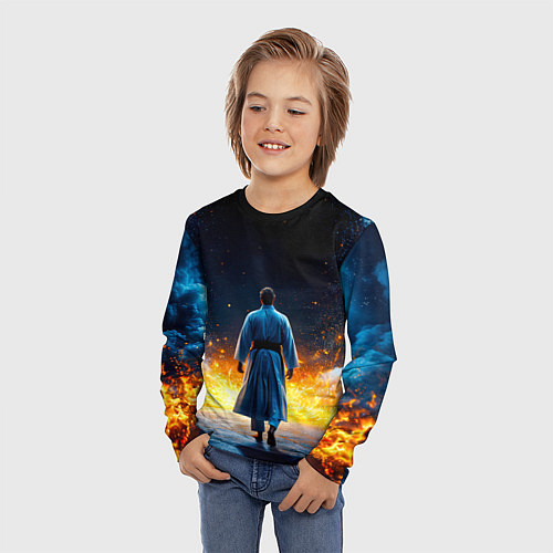 Детский лонгслив Айкидоист в огне и синий дым / 3D-принт – фото 3