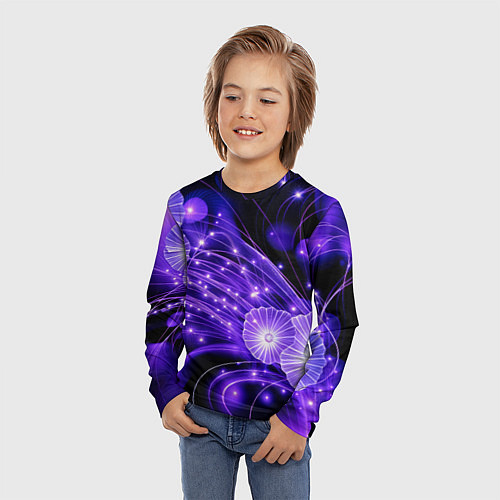 Детский лонгслив Силуэты цветов на темном фоне - фиолетовое свечени / 3D-принт – фото 3