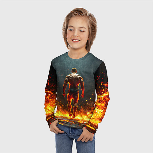 Детский лонгслив Бодибилдер в огне / 3D-принт – фото 3