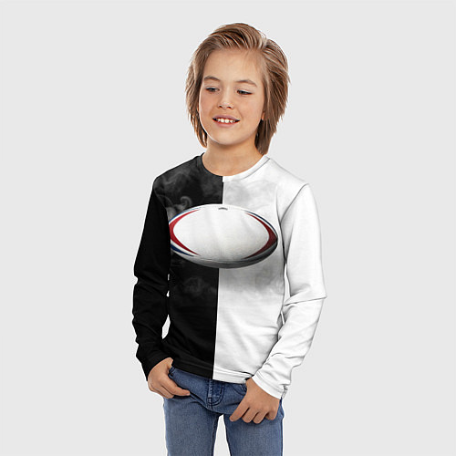 Детский лонгслив Мяч для регби в черно-белом / 3D-принт – фото 3