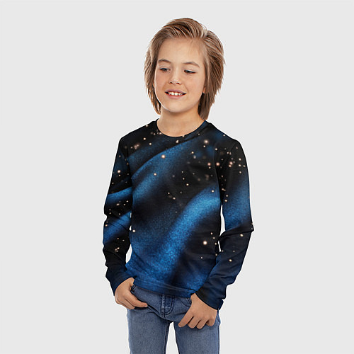 Детский лонгслив Синяя волнистая текстура на черном / 3D-принт – фото 3