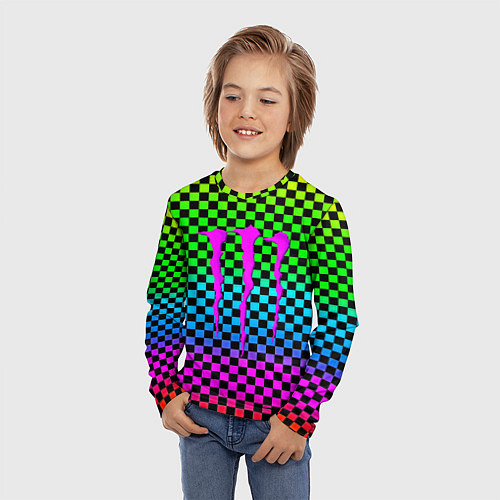 Детский лонгслив Monster energy неоновая клетка / 3D-принт – фото 3
