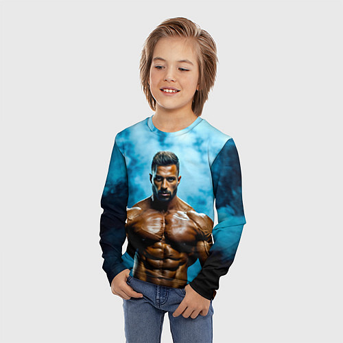 Детский лонгслив Бодибилдер в синем дыму / 3D-принт – фото 3