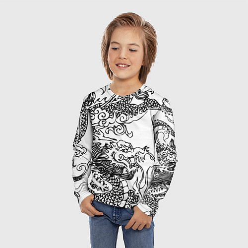 Детский лонгслив Татуировка дракона на белом / 3D-принт – фото 3