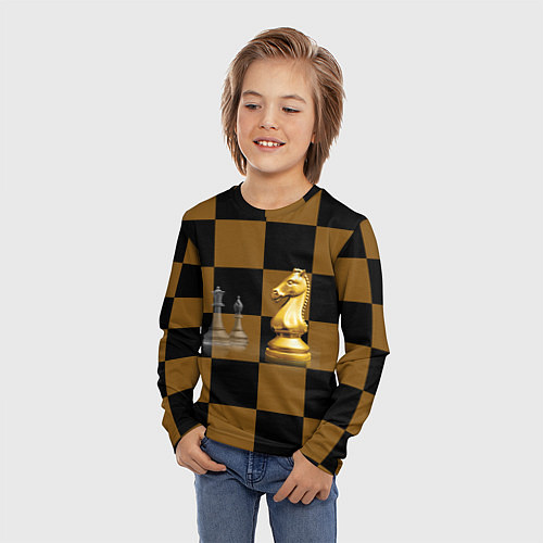 Детский лонгслив Шахматные фигуры на коричнево-черной доске / 3D-принт – фото 3