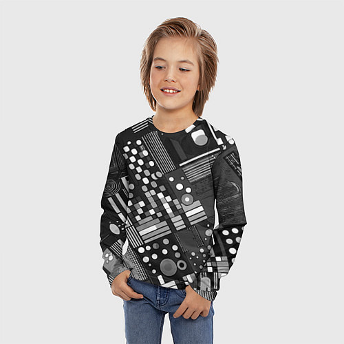 Детский лонгслив Тёмный серый абстракция квадраты кружочки / 3D-принт – фото 3