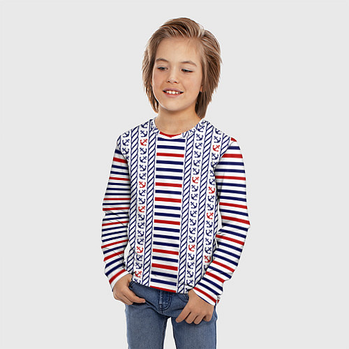 Детский лонгслив Полосатый морской орнамент с якорями / 3D-принт – фото 3