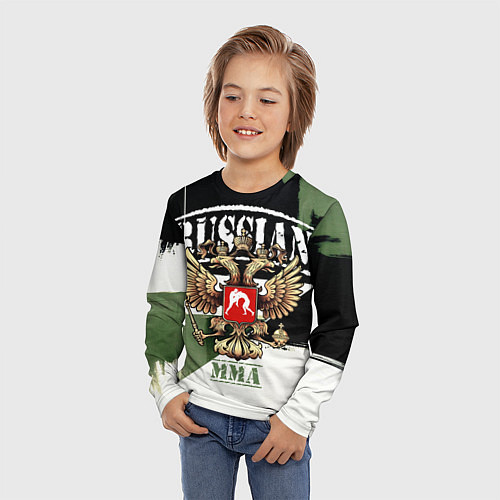 Детский лонгслив Русский ММА на фоне герба России / 3D-принт – фото 3