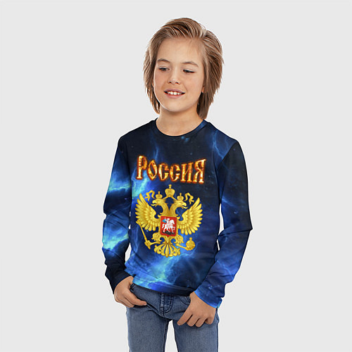 Детский лонгслив Герб России - синее пламя / 3D-принт – фото 3