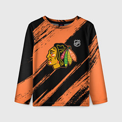 Лонгслив детский Чикаго Блэкхокс - фон с оранжевыми потертостами, цвет: 3D-принт