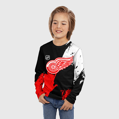 Детский лонгслив Детройт Ред Уингз - брызги краска на черном фоне / 3D-принт – фото 3