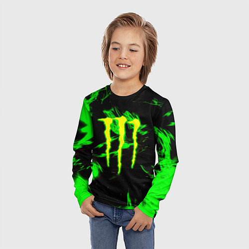 Детский лонгслив Monster energy кислотное лого огонь / 3D-принт – фото 3