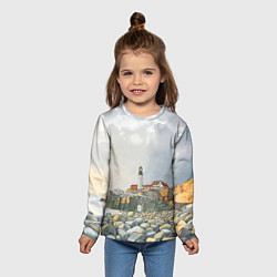 Лонгслив детский Маяк и камни на пляже - акварельный рисунок, цвет: 3D-принт — фото 2