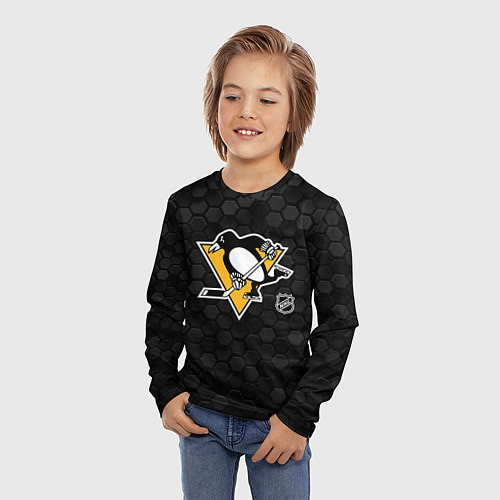Детский лонгслив Питтсбург Пингвинз - черные соты / 3D-принт – фото 3