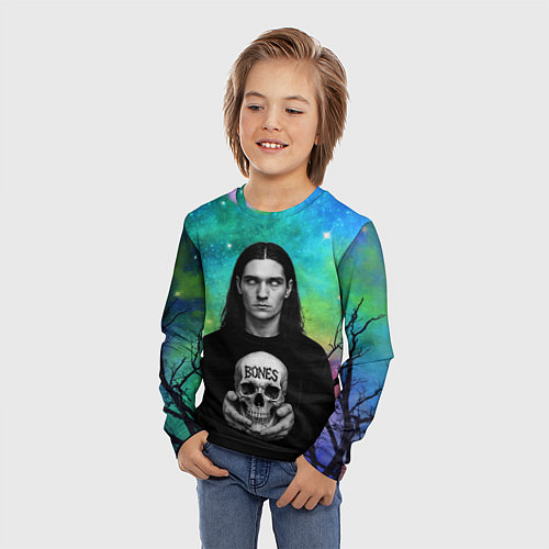 Детский лонгслив Bones без зрачков держит череп в руках / 3D-принт – фото 3