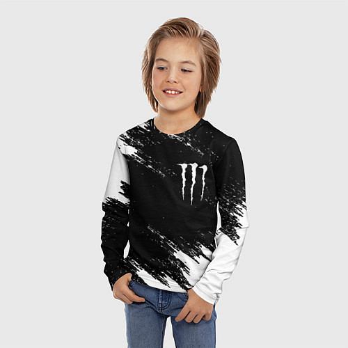 Детский лонгслив Monster energy краски штрихи белые / 3D-принт – фото 3