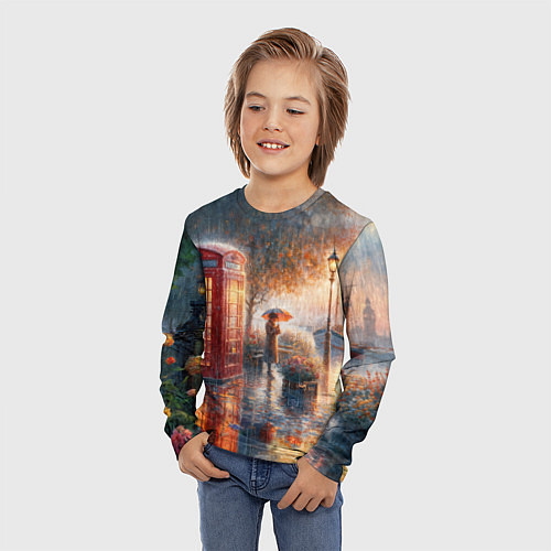 Детский лонгслив Красная телефонная будка на набережной / 3D-принт – фото 3