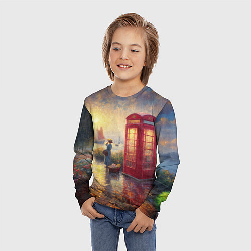 Детский лонгслив Женщина у телефонной будки на набережной / 3D-принт – фото 3