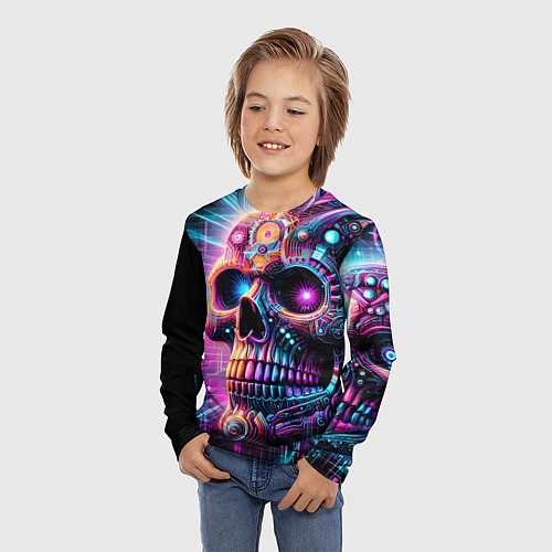 Детский лонгслив Neon cyber skull / 3D-принт – фото 3