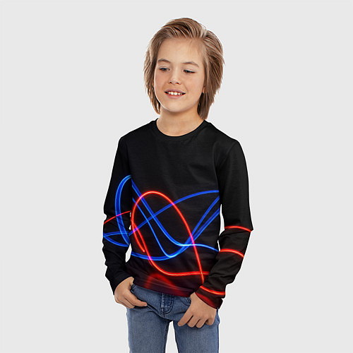 Детский лонгслив Красно синие неоновые линии на черном фоне / 3D-принт – фото 3