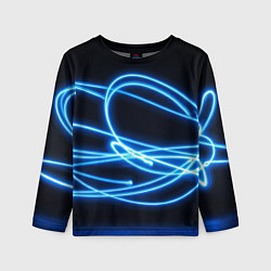 Детский лонгслив Неоновые голубые волны на черном фоне
