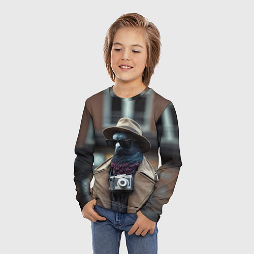 Детский лонгслив Голубь шпион с ретро фотокамерой / 3D-принт – фото 3