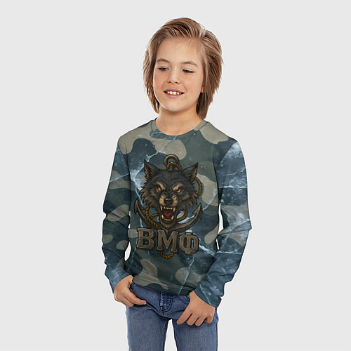 Детский лонгслив ВМФ волк на камуфляже / 3D-принт – фото 3