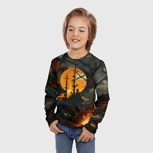 Детский лонгслив Корабль ВМФ на фоне камуфляжа / 3D-принт – фото 3