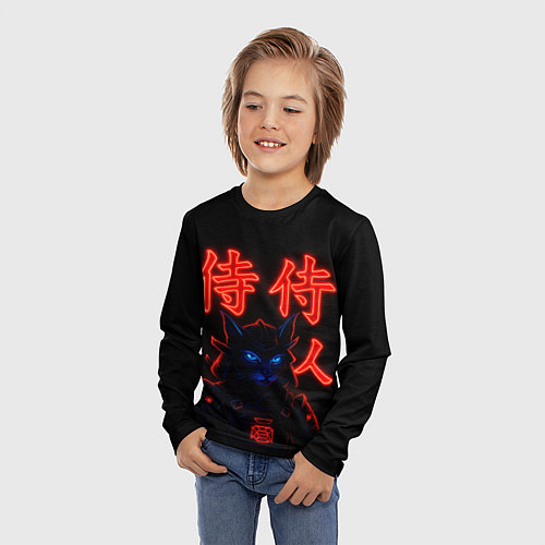 Детский лонгслив Кот самурай с неоновыми глазами / 3D-принт – фото 3