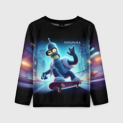 Детский лонгслив Bender is a skateboarder in neon street - ai art