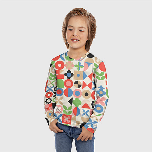 Детский лонгслив Геометрический узор с цветочными элементами - ретр / 3D-принт – фото 3