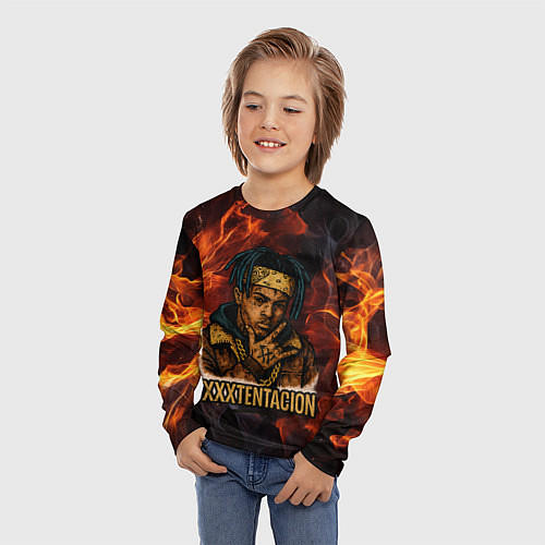 Детский лонгслив XXXTentacion на фоне огня / 3D-принт – фото 3