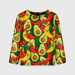 Лонгслив детский Авокадо, бананы, перцы чили улыбаются - паттерн фр, цвет: 3D-принт
