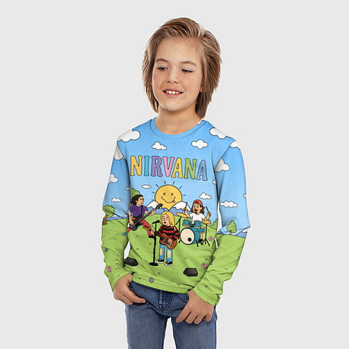 Детский лонгслив Nirvana мультяшный стиль на поляне / 3D-принт – фото 3