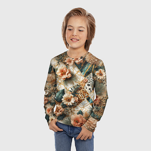 Детский лонгслив Цветы на кусках мрамора и леопардовом узоре / 3D-принт – фото 3