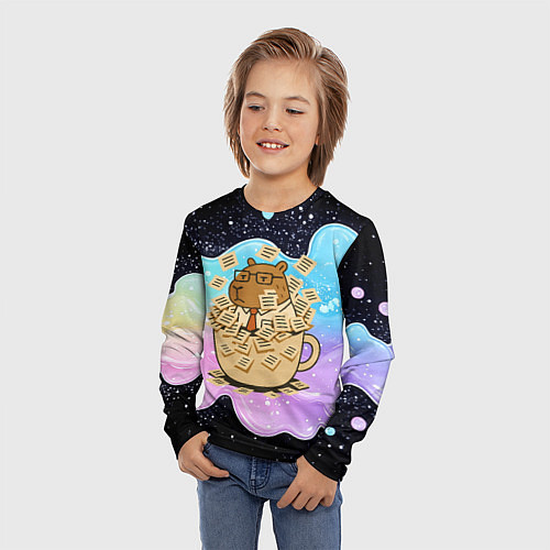 Детский лонгслив Менеджер капибара в кружке в стикерах / 3D-принт – фото 3