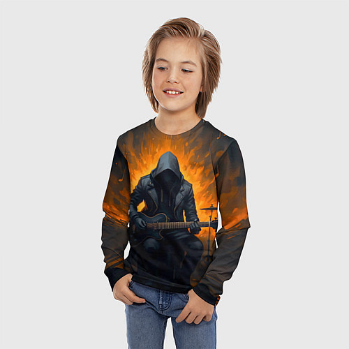 Детский лонгслив Гитарист играющий в пламени / 3D-принт – фото 3